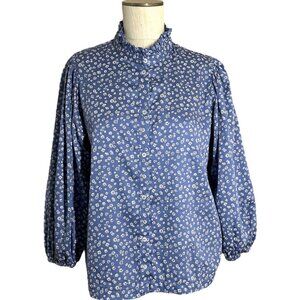 Gap Puff Sleeve Ruffle Neck Shirt Floral Womens Size M Cottagecore Coquette Blue